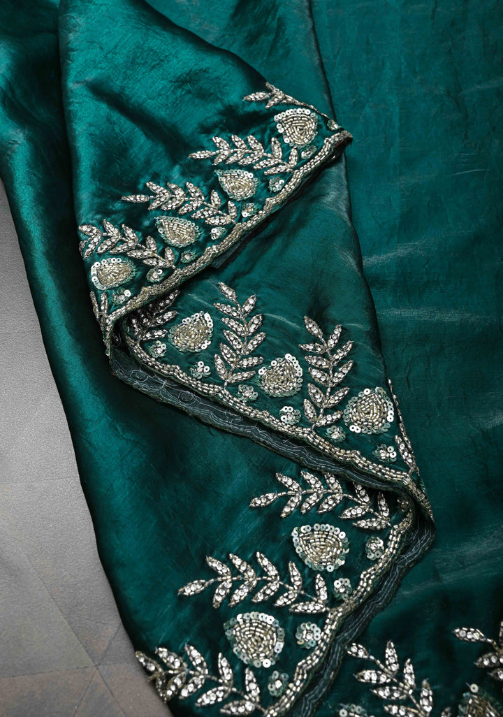 Peacock Blue Shimmer Georgette Saree with Sequins Cutdana Work and Scallop Border