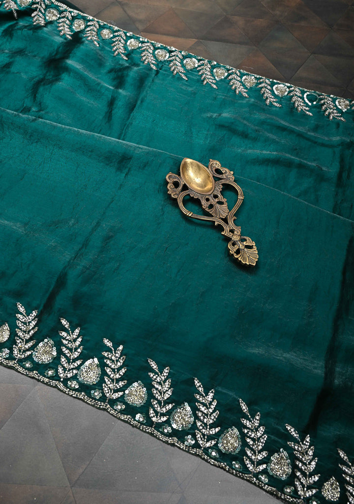 Peacock Blue Shimmer Georgette Saree with Sequins Cutdana Work and Scallop Border