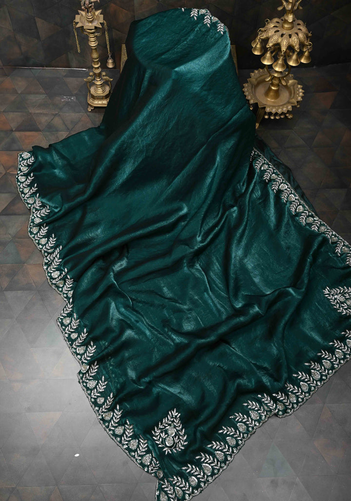 Peacock Blue Shimmer Georgette Saree with Sequins Cutdana Work and Scallop Border