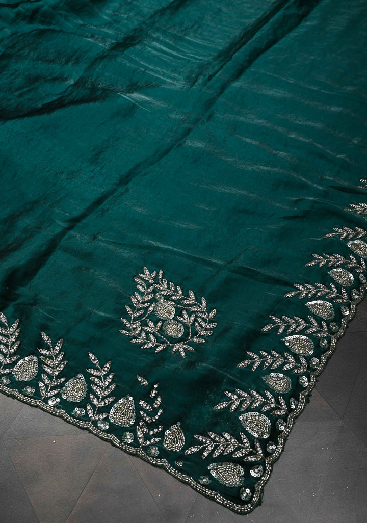 Peacock Blue Shimmer Georgette Saree with Sequins Cutdana Work and Scallop Border