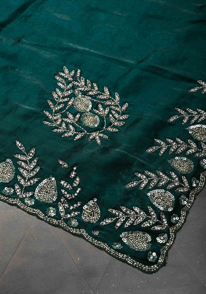 Peacock Blue Shimmer Georgette Saree with Sequins Cutdana Work and Scallop Border