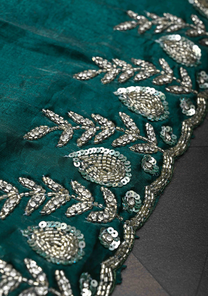 Peacock Blue Shimmer Georgette Saree with Sequins Cutdana Work and Scallop Border