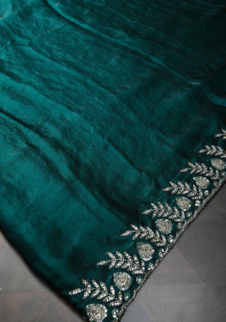 Peacock Blue Shimmer Georgette Saree with Sequins Cutdana Work and Scallop Border