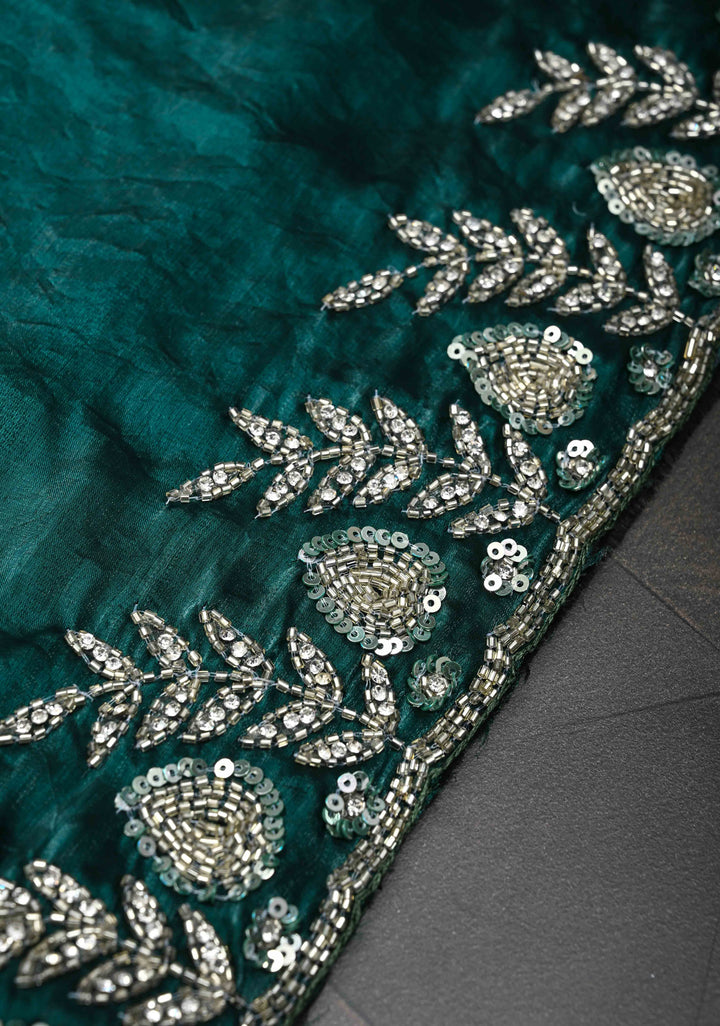 Peacock Blue Shimmer Georgette Saree with Sequins Cutdana Work and Scallop Border
