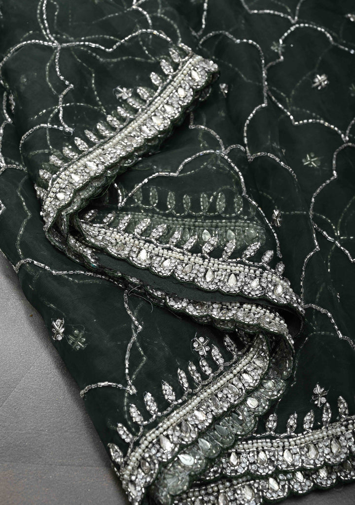 Deep Green Jaal on Organza Saree with Cutdana, Stone, Moti Embroidery and Kundan Scallop Border