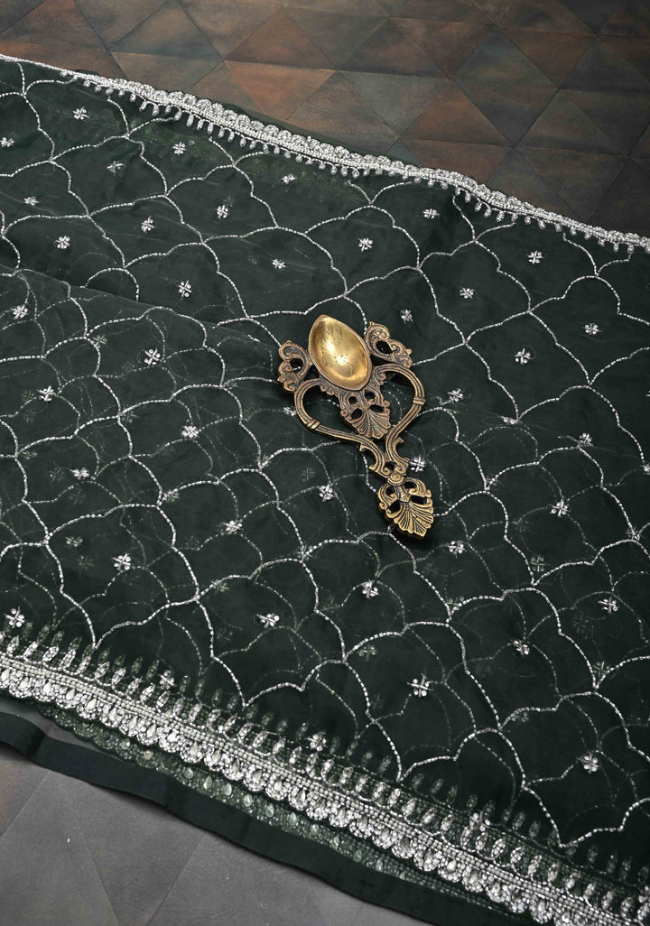 Deep Green Jaal on Organza Saree with Cutdana, Stone, Moti Embroidery and Kundan Scallop Border