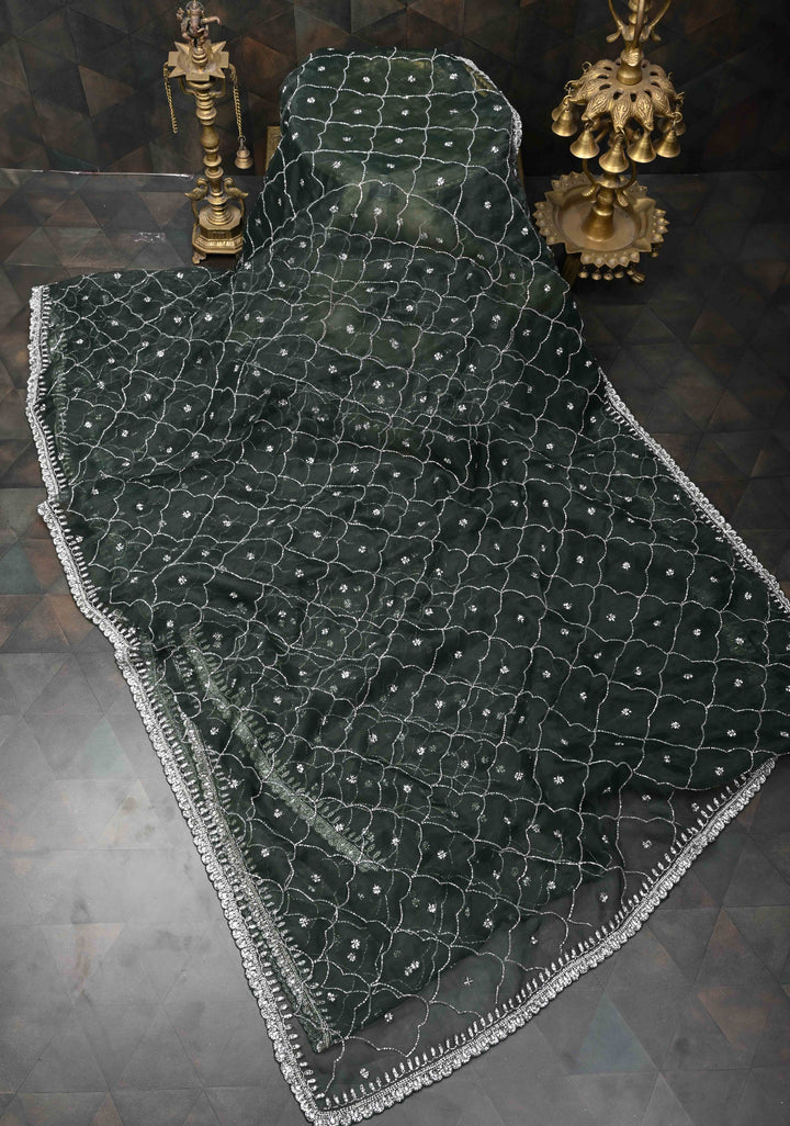 Deep Green Jaal on Organza Saree with Cutdana, Stone, Moti Embroidery and Kundan Scallop Border