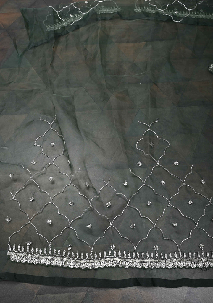 Deep Green Jaal on Organza Saree with Cutdana, Stone, Moti Embroidery and Kundan Scallop Border