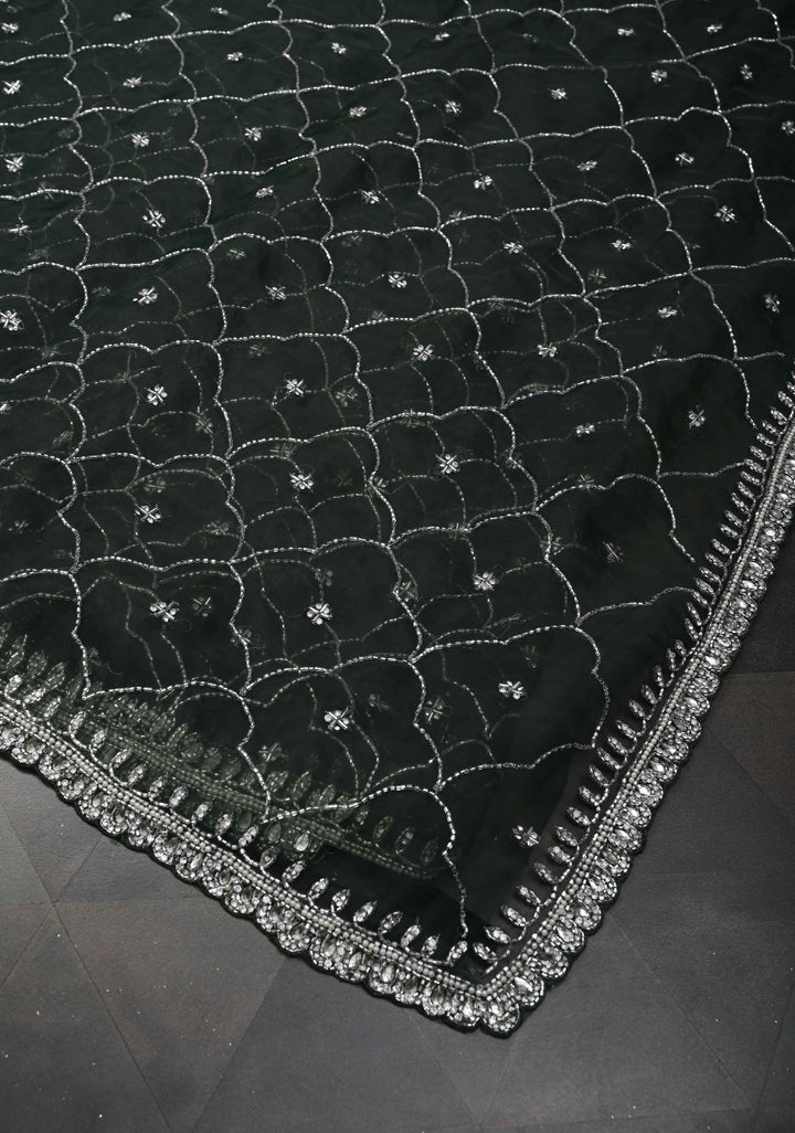 Deep Green Jaal on Organza Saree with Cutdana, Stone, Moti Embroidery and Kundan Scallop Border
