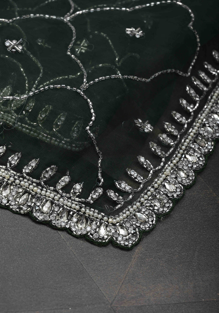 Deep Green Jaal on Organza Saree with Cutdana, Stone, Moti Embroidery and Kundan Scallop Border