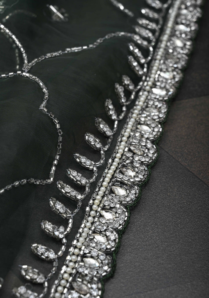 Deep Green Jaal on Organza Saree with Cutdana, Stone, Moti Embroidery and Kundan Scallop Border