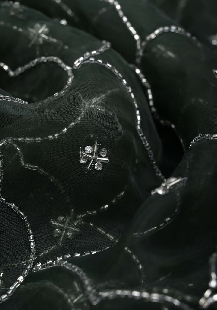 Deep Green Jaal on Organza Saree with Cutdana, Stone, Moti Embroidery and Kundan Scallop Border