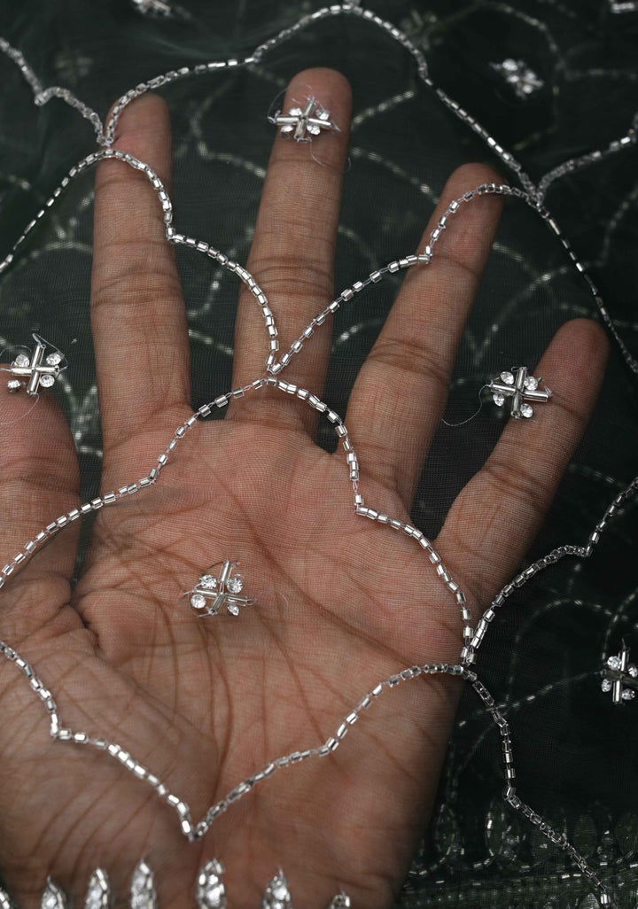 Deep Green Jaal on Organza Saree with Cutdana, Stone, Moti Embroidery and Kundan Scallop Border