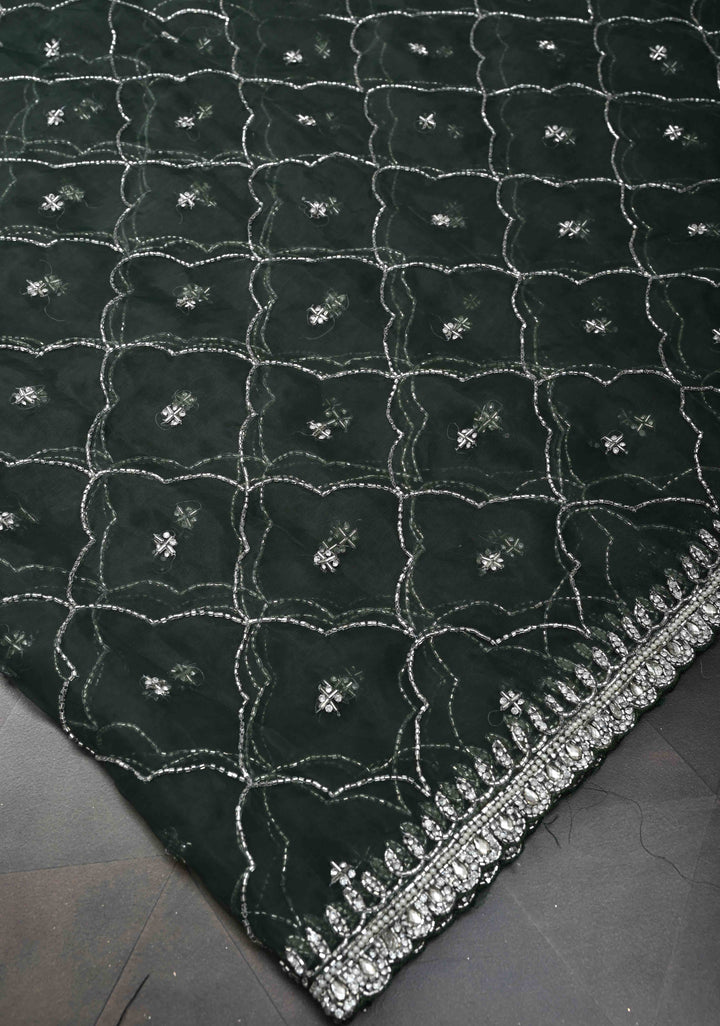 Deep Green Jaal on Organza Saree with Cutdana, Stone, Moti Embroidery and Kundan Scallop Border