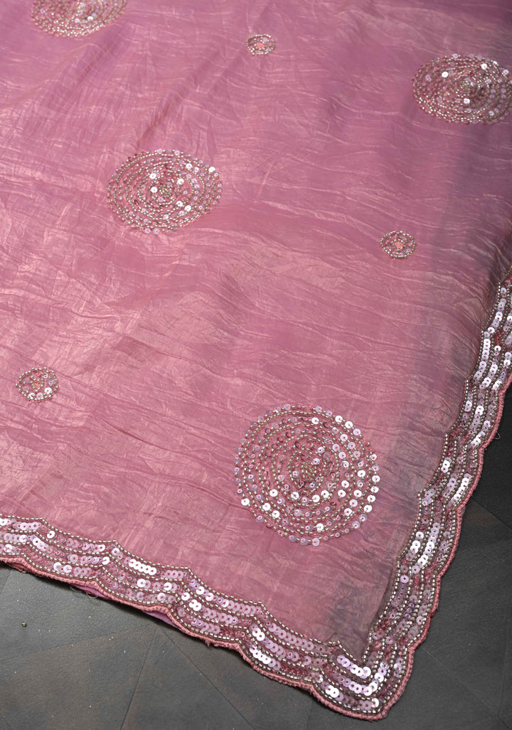 Pink Crinkled Chinon Saree with Cutdana Sequins work Beads Work and Scallop Border