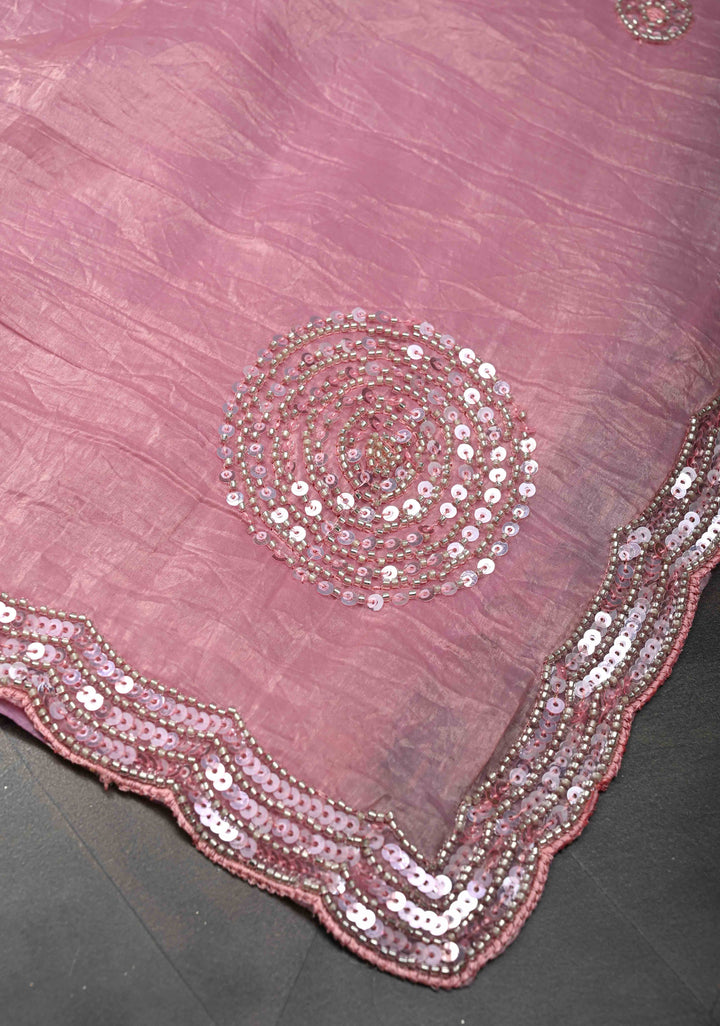 Pink Crinkled Chinon Saree with Cutdana Sequins work Beads Work and Scallop Border