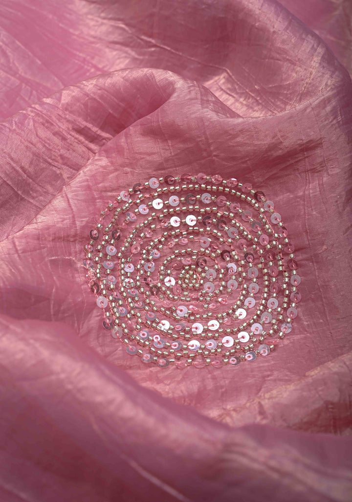 Pink Crinkled Chinon Saree with Cutdana Sequins work Beads Work and Scallop Border