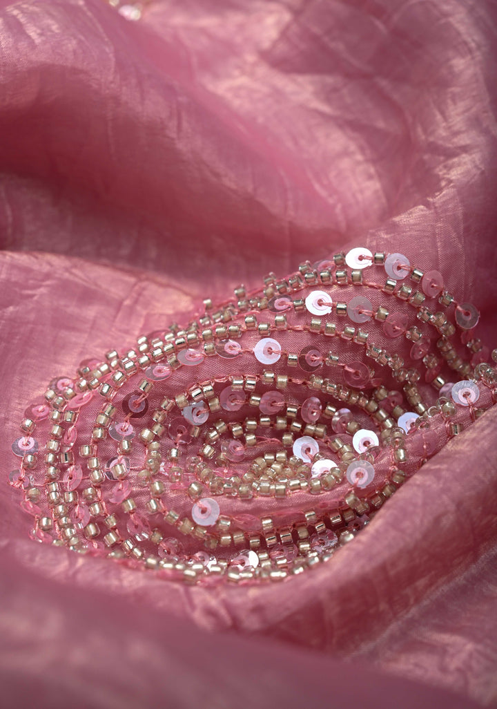 Pink Crinkled Chinon Saree with Cutdana Sequins work Beads Work and Scallop Border