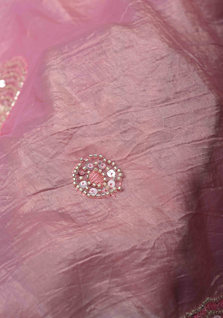 Pink Crinkled Chinon Saree with Cutdana Sequins work Beads Work and Scallop Border