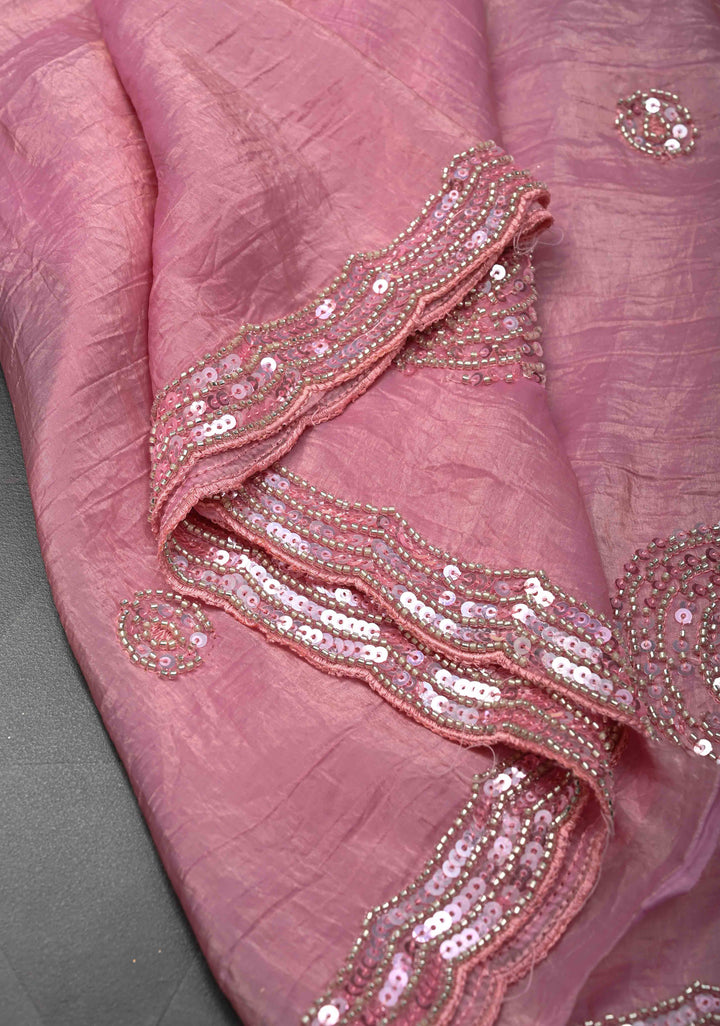 Pink Crinkled Chinon Saree with Cutdana Sequins work Beads Work and Scallop Border