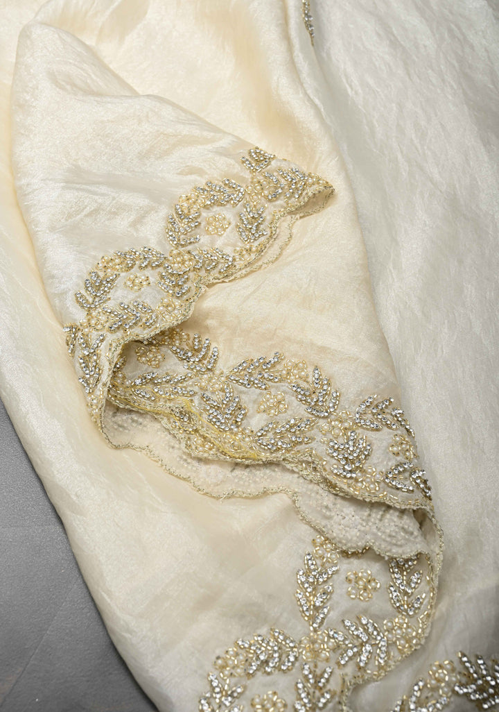 Ivory Shimmer Georgette Saree with Cutdana, Stone, Moti Work and Scallop Border