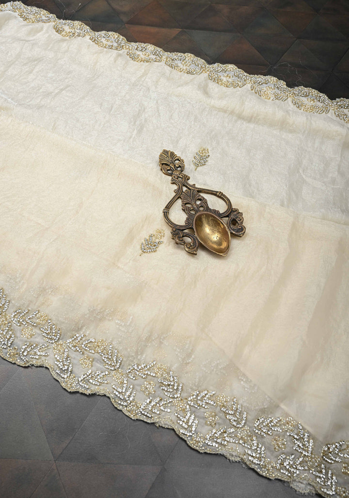 Ivory Shimmer Georgette Saree with Cutdana, Stone, Moti Work and Scallop Border
