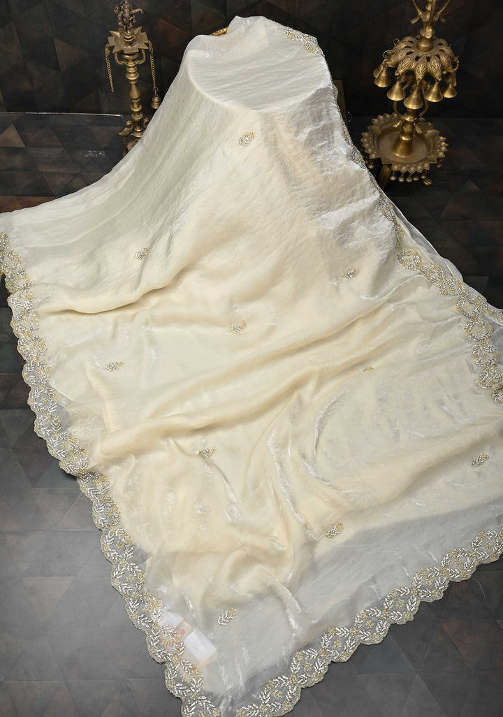 Ivory Shimmer Georgette Saree with Cutdana, Stone, Moti Work and Scallop Border