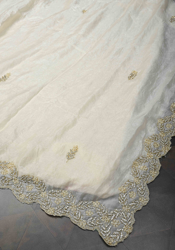 Ivory Shimmer Georgette Saree with Cutdana, Stone, Moti Work and Scallop Border