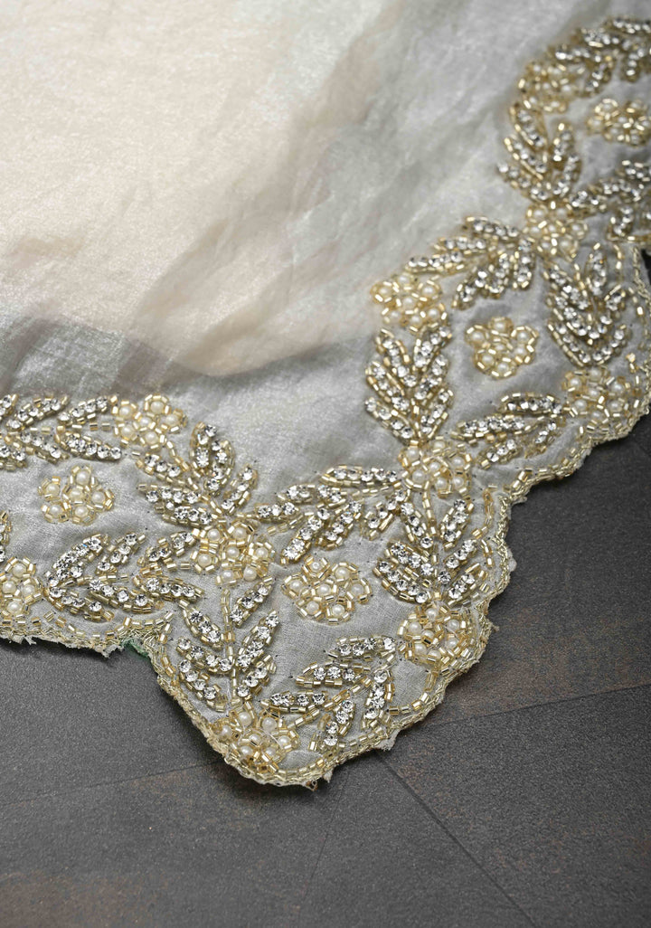 Ivory Shimmer Georgette Saree with Cutdana, Stone, Moti Work and Scallop Border
