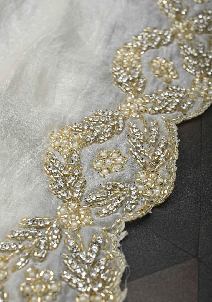 Ivory Shimmer Georgette Saree with Cutdana, Stone, Moti Work and Scallop Border