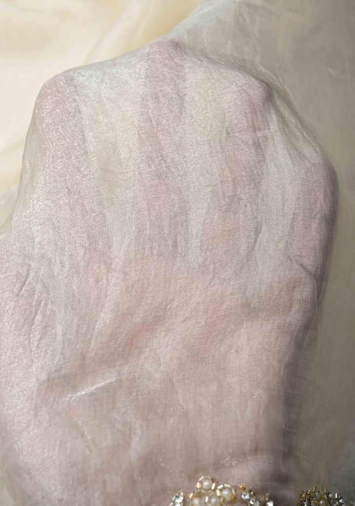 Ivory Shimmer Georgette Saree with Cutdana, Stone, Moti Work and Scallop Border