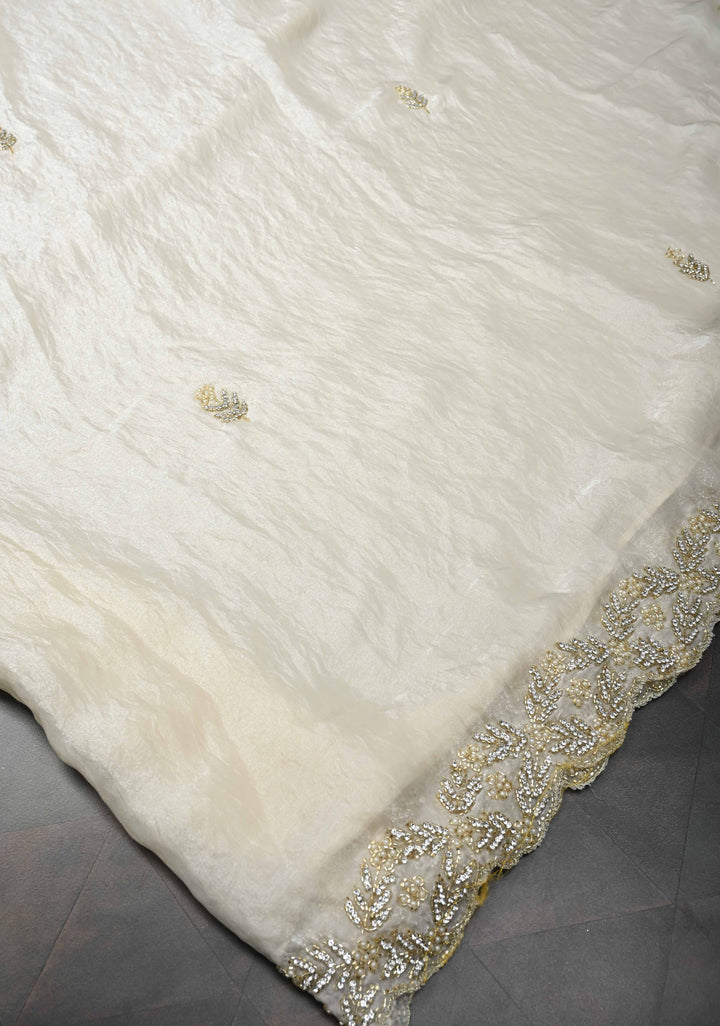 Ivory Shimmer Georgette Saree with Cutdana, Stone, Moti Work and Scallop Border