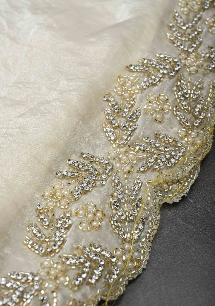 Ivory Shimmer Georgette Saree with Cutdana, Stone, Moti Work and Scallop Border