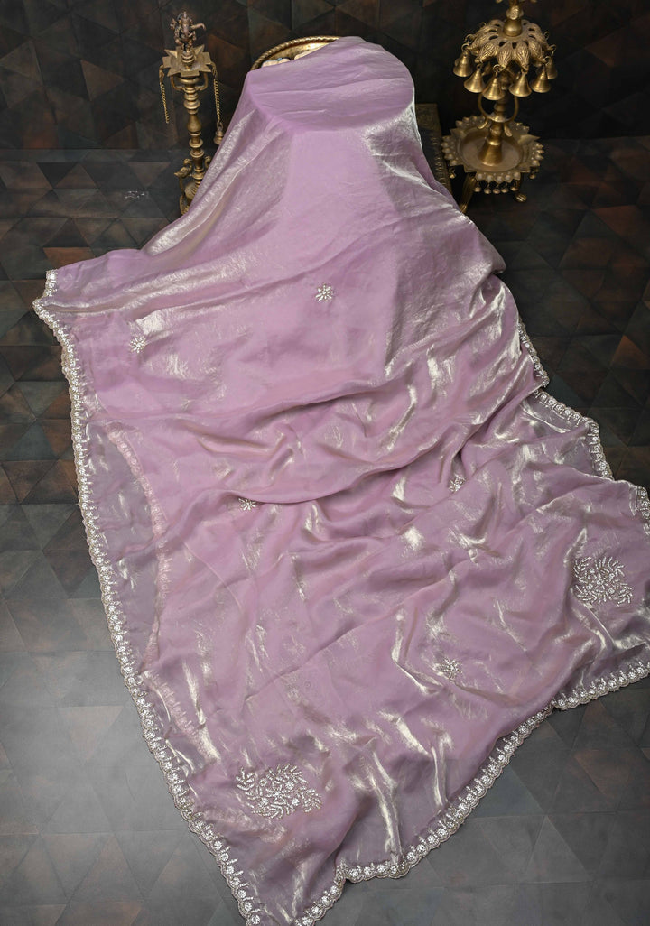 Dusty Lilac Shimmer Georgette Saree with Cutdana, Stone Work and Scallop Border
