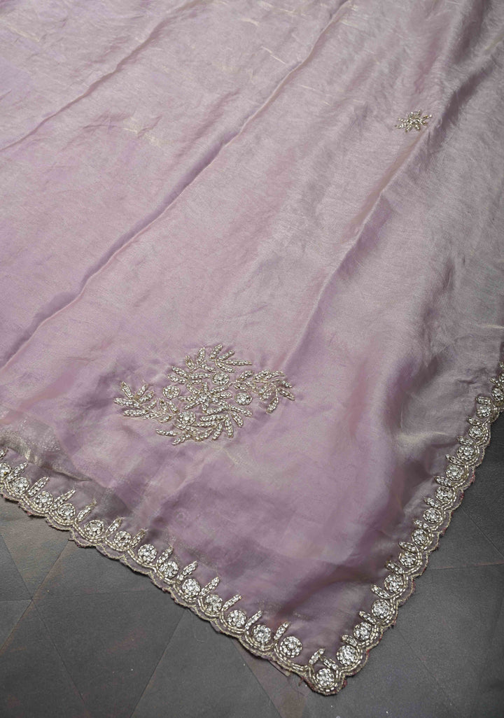 Dusty Lilac Shimmer Georgette Saree with Cutdana, Stone Work and Scallop Border