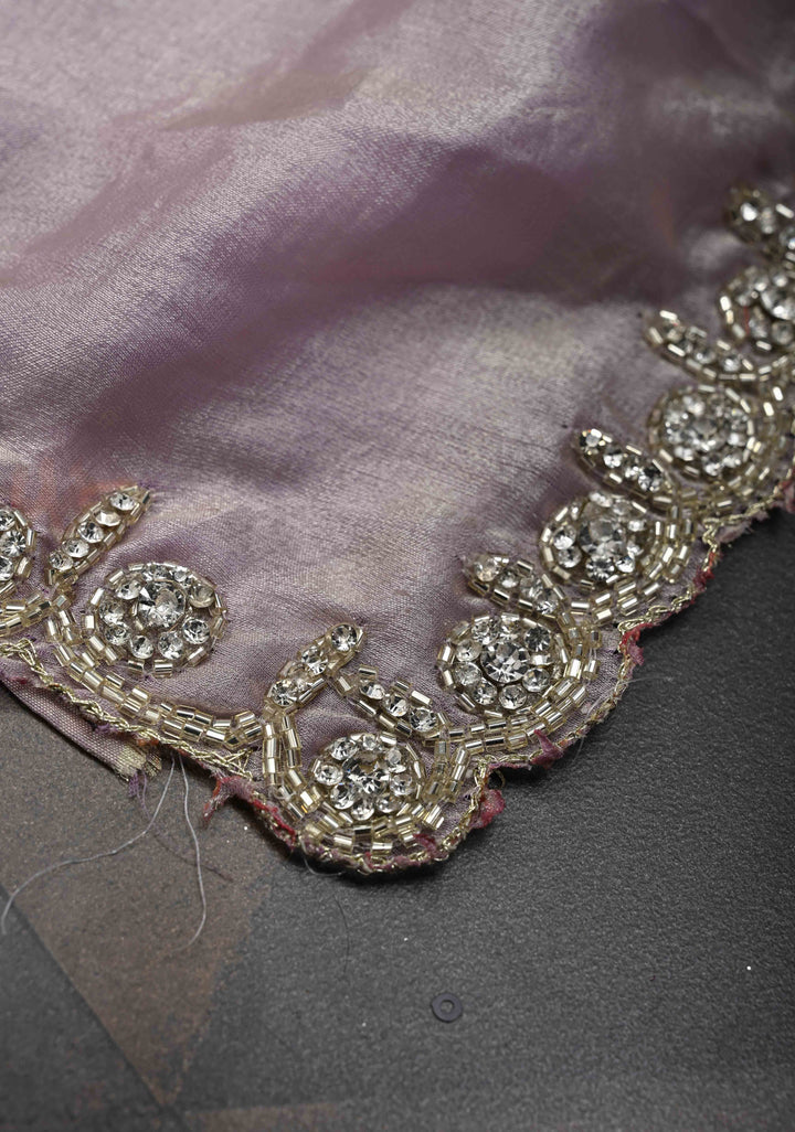 Dusty Lilac Shimmer Georgette Saree with Cutdana, Stone Work and Scallop Border