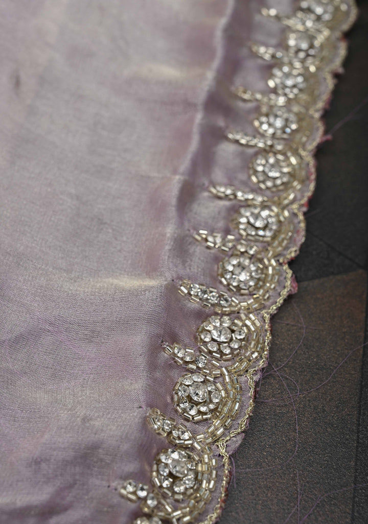 Dusty Lilac Shimmer Georgette Saree with Cutdana, Stone Work and Scallop Border
