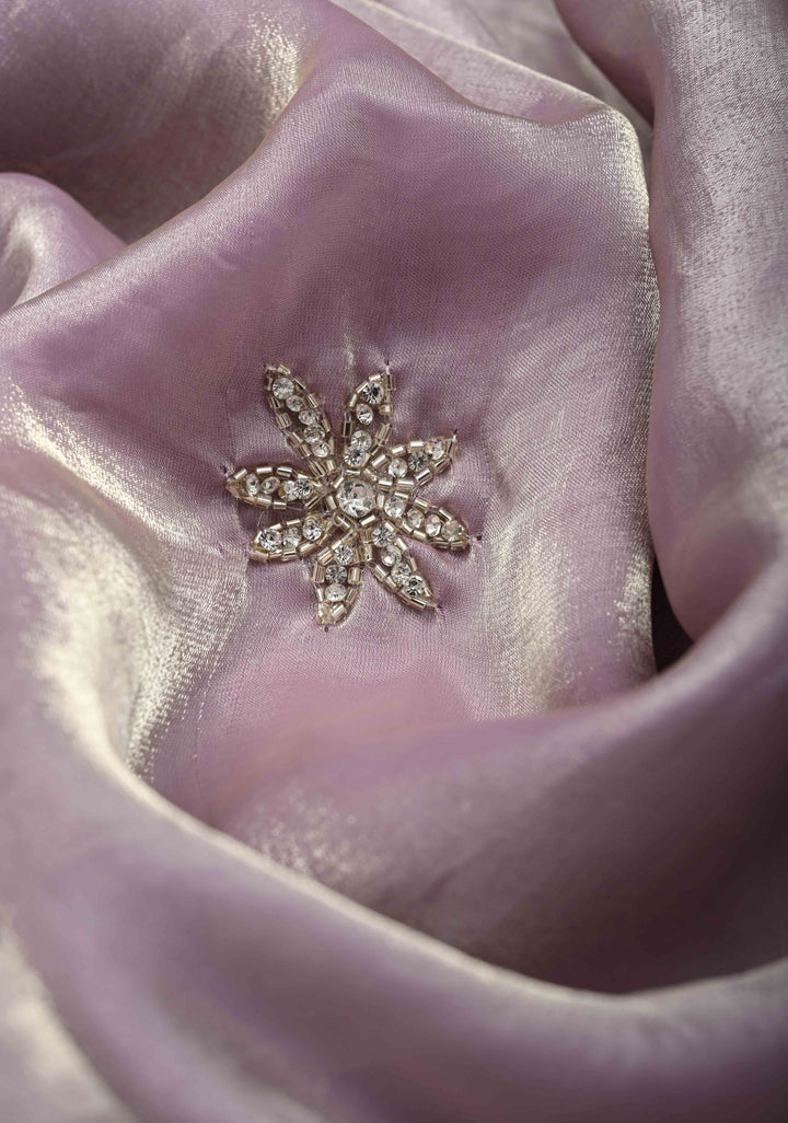 Dusty Lilac Shimmer Georgette Saree with Cutdana, Stone Work and Scallop Border