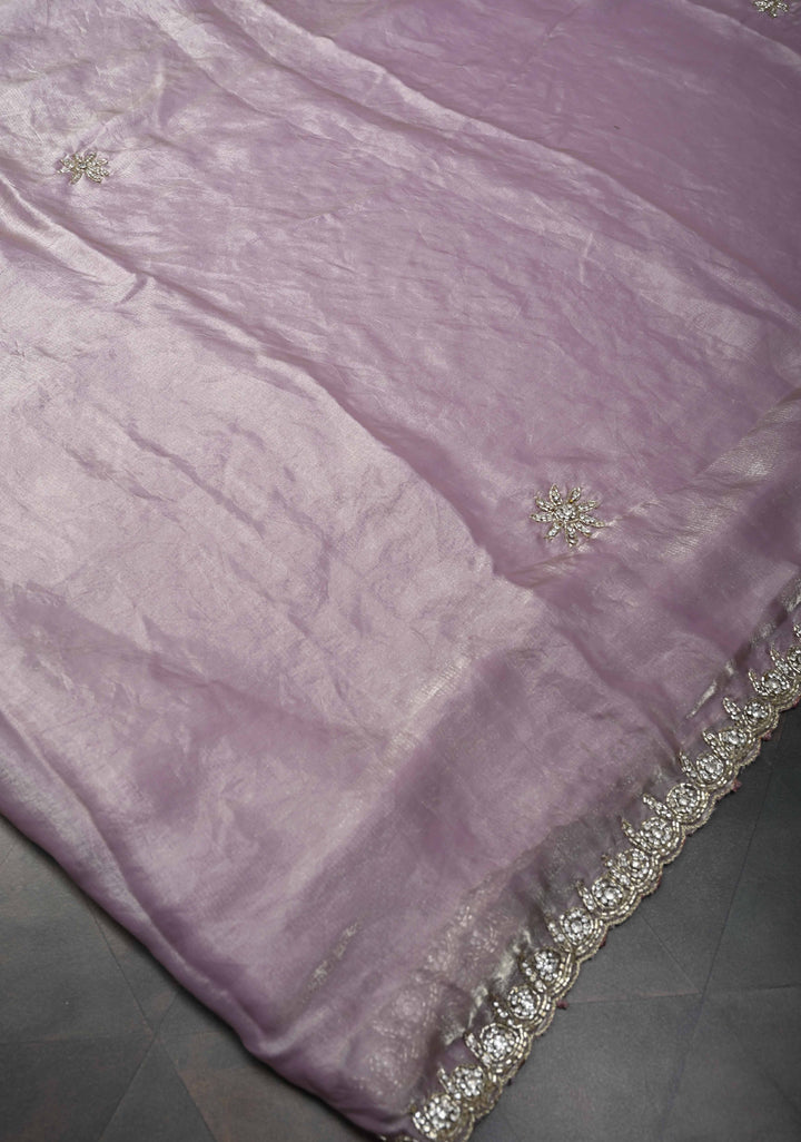 Dusty Lilac Shimmer Georgette Saree with Cutdana, Stone Work and Scallop Border
