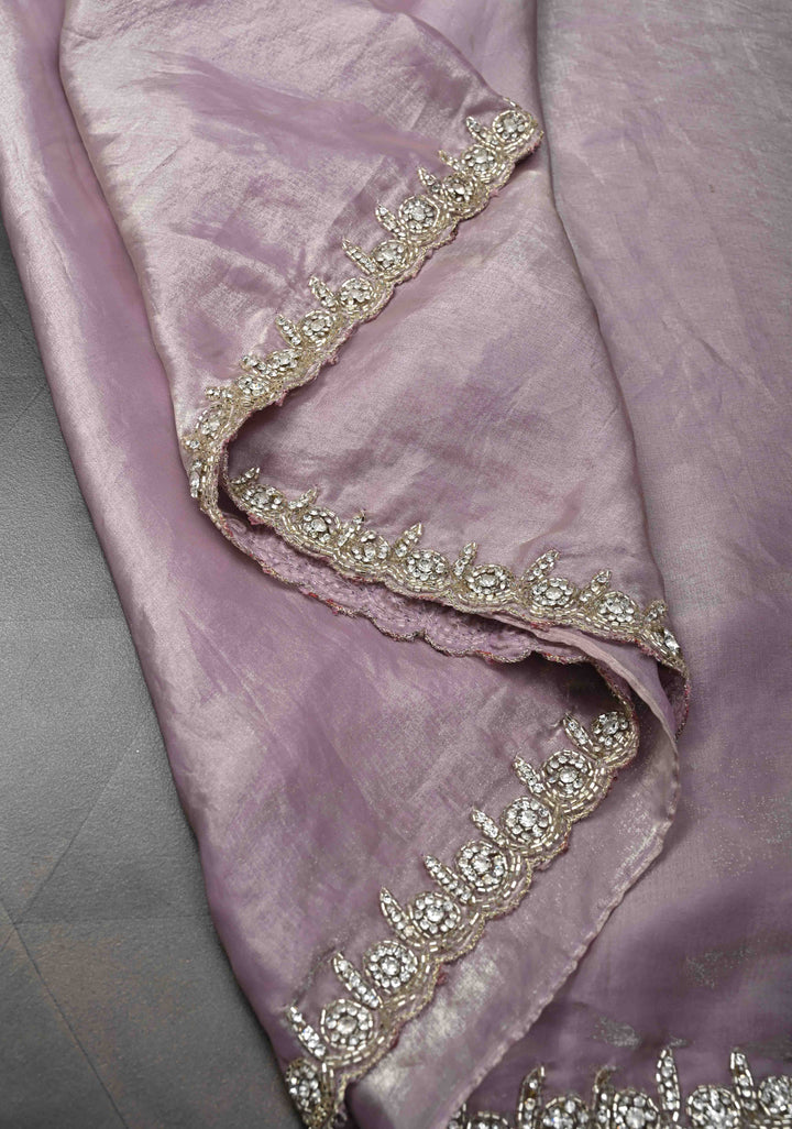 Dusty Lilac Shimmer Georgette Saree with Cutdana, Stone Work and Scallop Border
