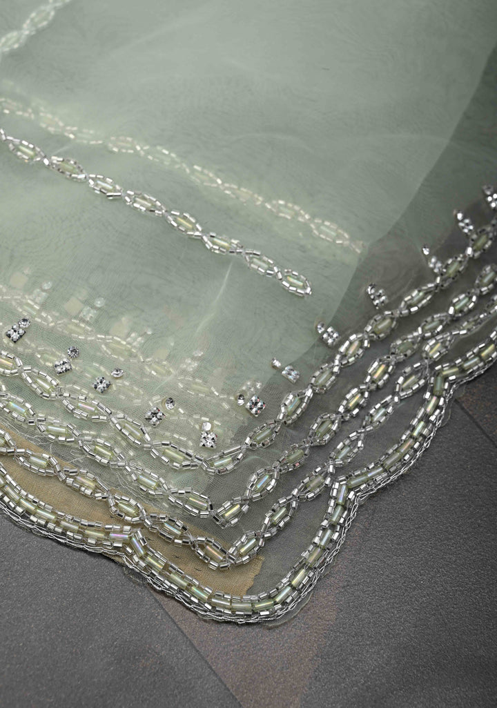 Dewy Pista Green Organza Saree with Horizontal Stripes Cutdana and Beads Embroidery Scallop Border