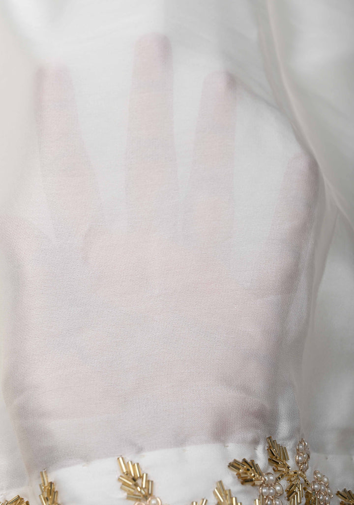 Ivory satin georgette Saree with sequins and Moti work Buttas and Boder