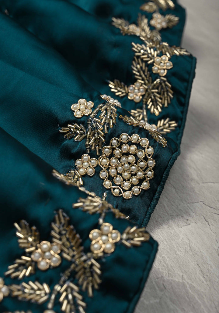 Dark Teal Satin Georgette saree  with cutdana, moti and Zardosi Embellished