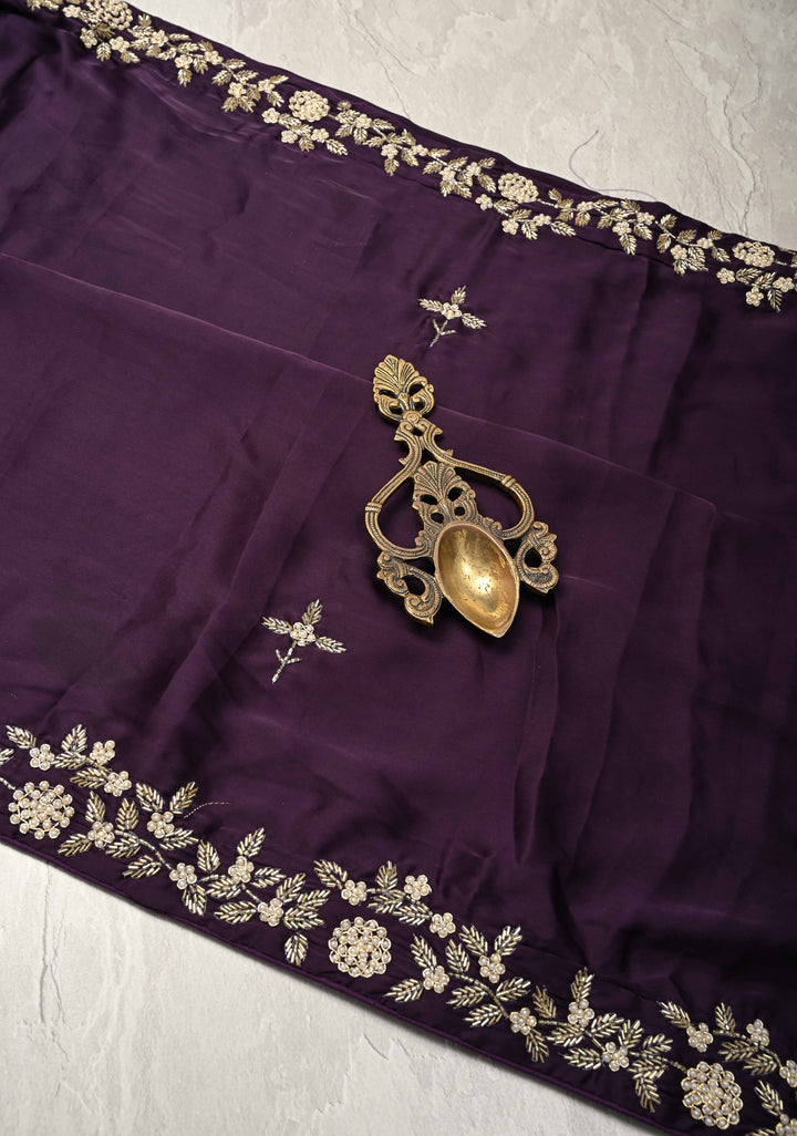 Dark Grape Purple Satin Georgette Saree with Cutdana, Moti and Zardosi Embellished