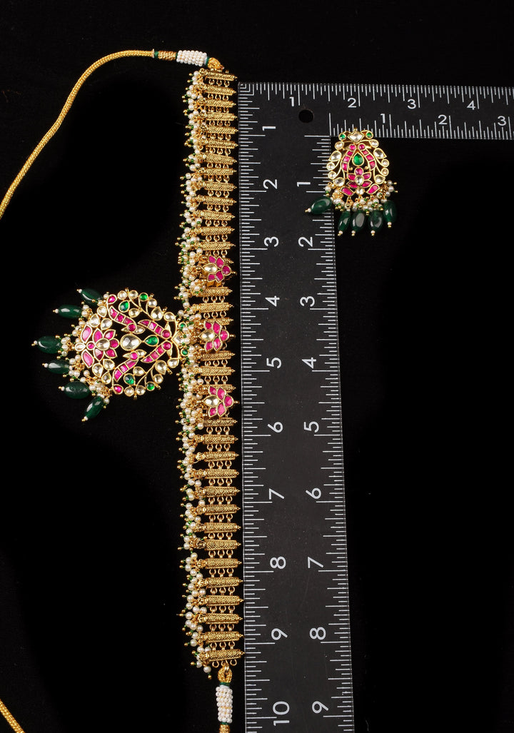 Ahmedabadi Jadau Necklace and Earrings set in Microplated Gold finish