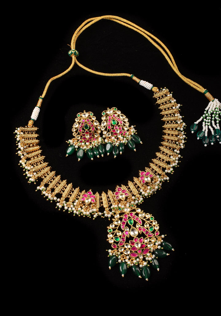 Ahmedabadi Jadau Necklace and Earrings set in Microplated Gold finish