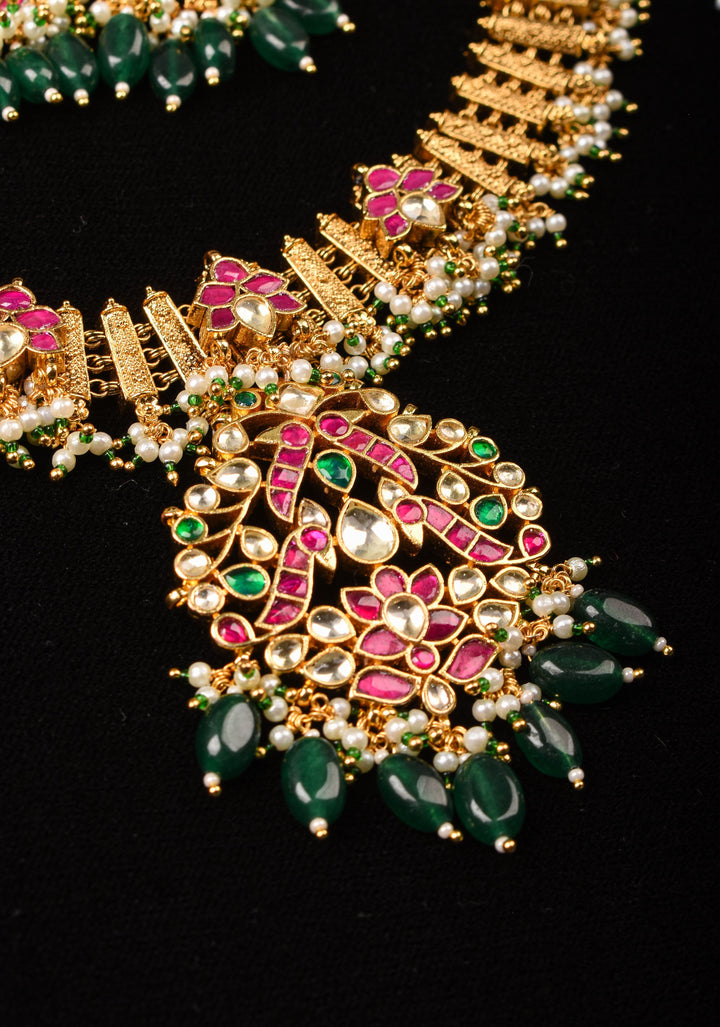Ahmedabadi Jadau Necklace and Earrings set in Microplated Gold finish