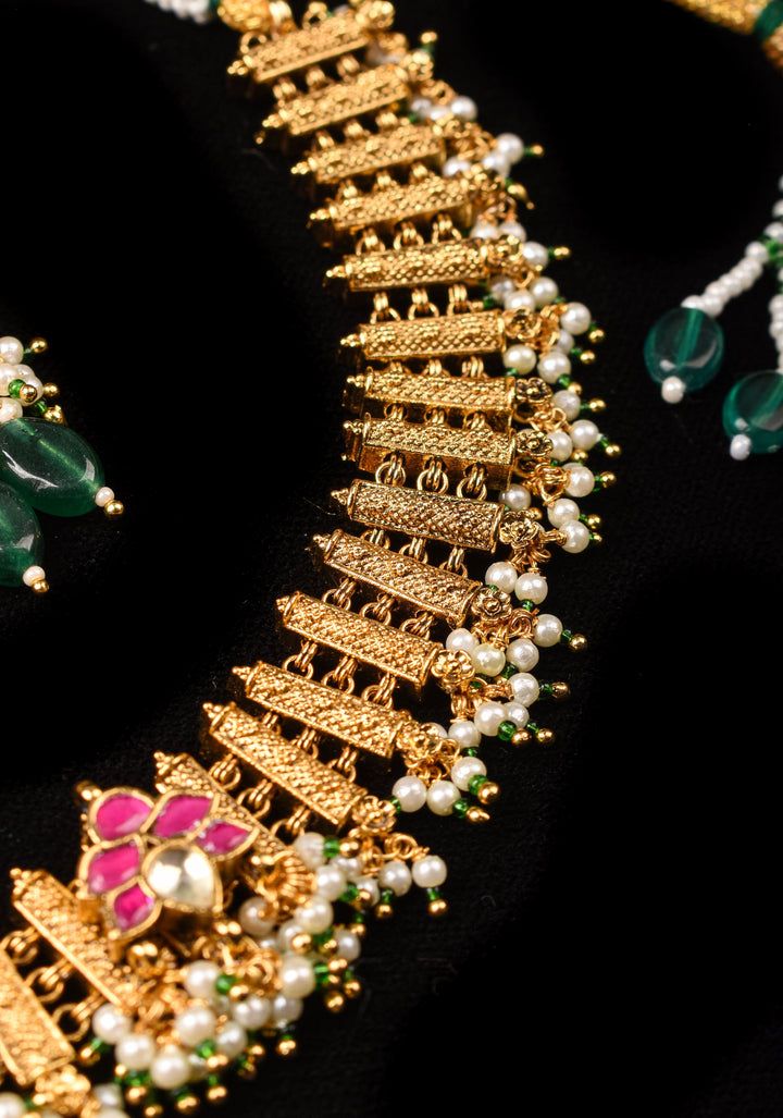 Ahmedabadi Jadau Necklace and Earrings set in Microplated Gold finish