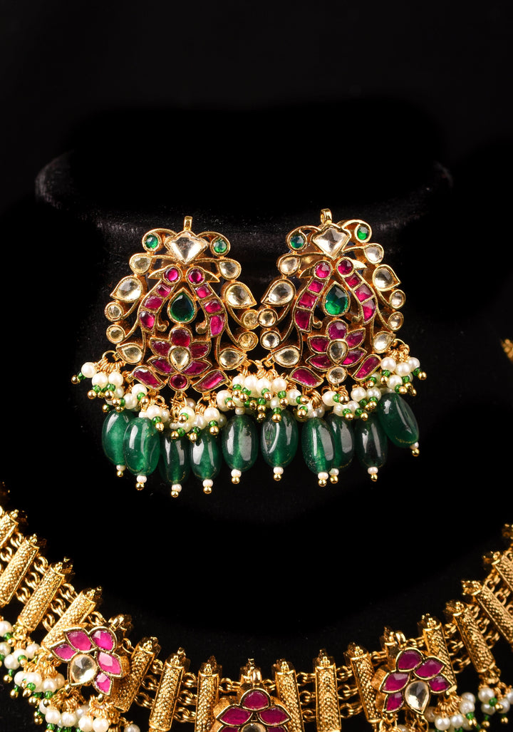 Ahmedabadi Jadau Necklace and Earrings set in Microplated Gold finish