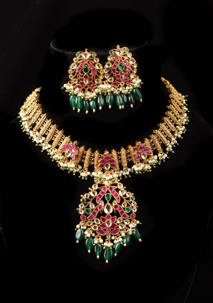Ahmedabadi Jadau Necklace and Earrings set in Microplated Gold finish